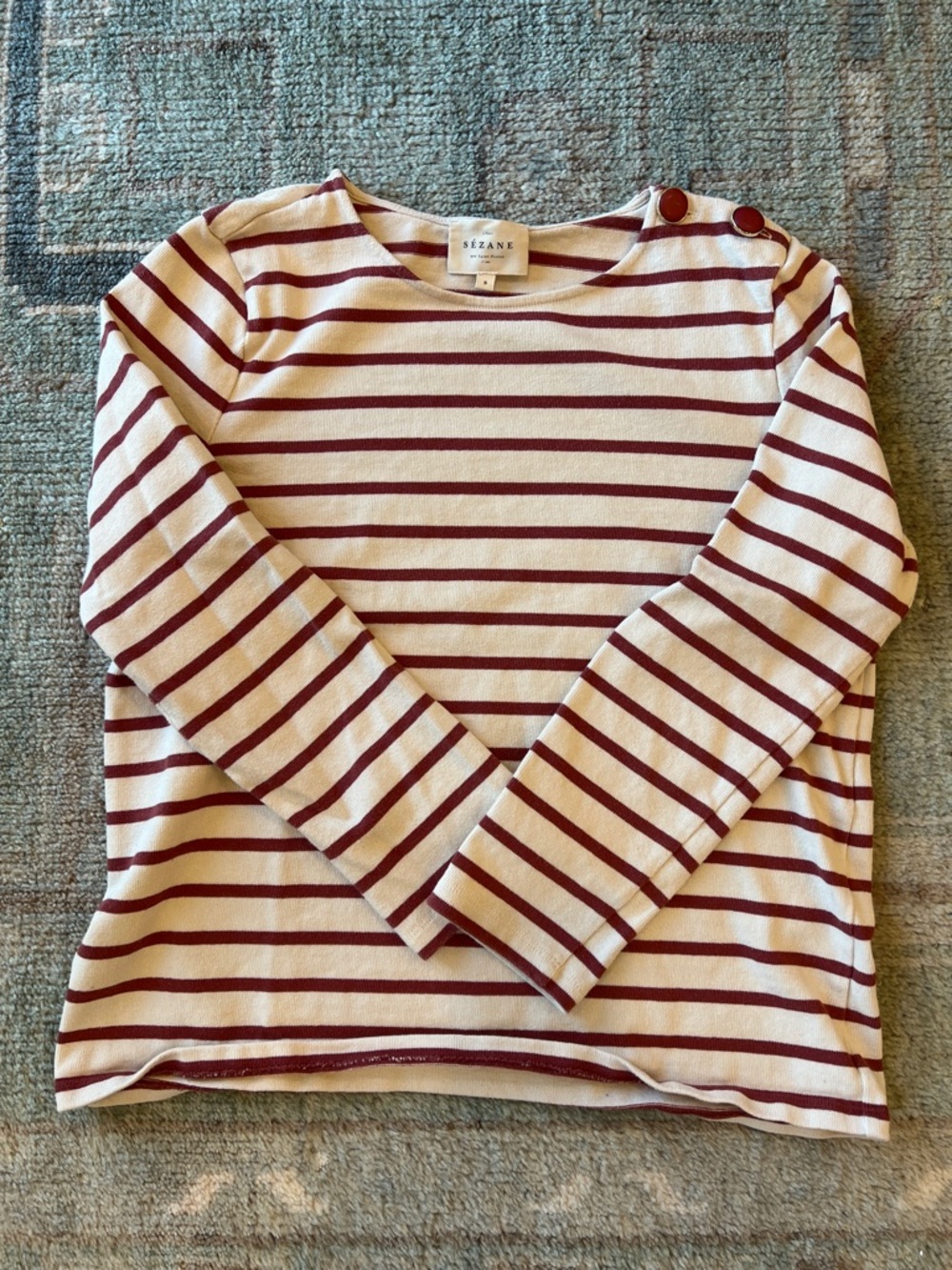 Sezane Cream and Burgundy Striped Boatneck Sweater with Shoulder Buttons